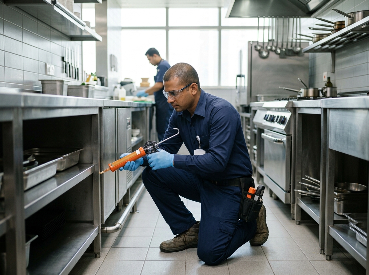 Commercial pest control technician treating a restaurant kitchen in Dubai