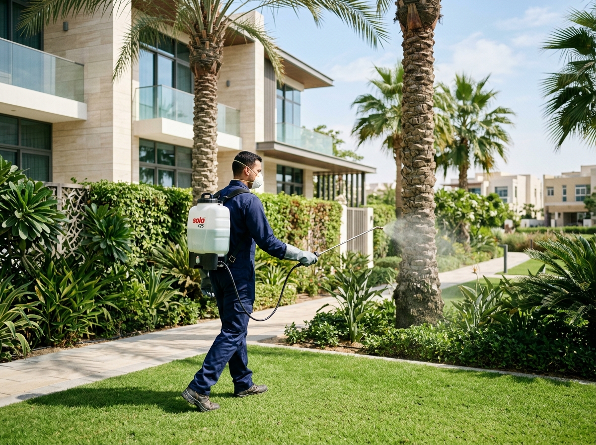 Professional pest control specialist spraying outdoor villa garden and palm trees in Dubai