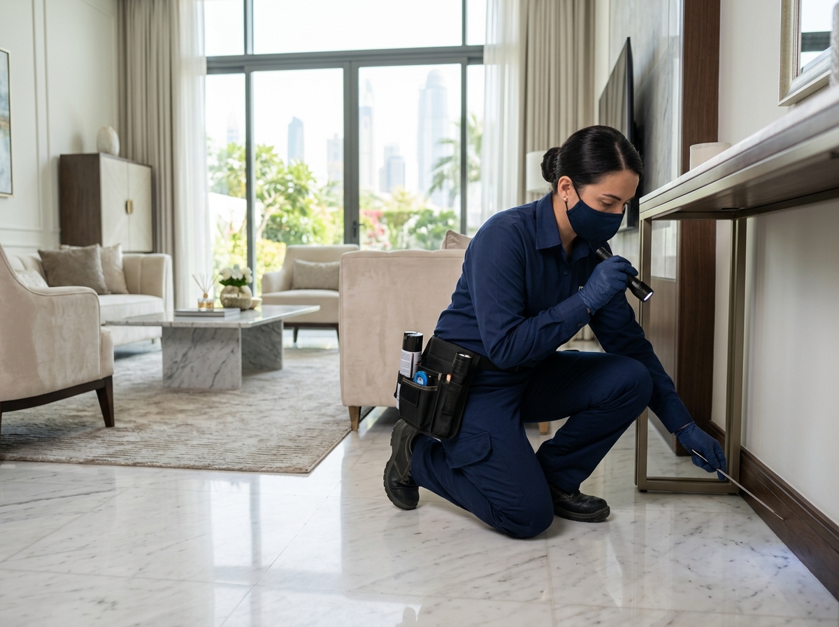 Certified pest control technician inspecting a Dubai luxury residence