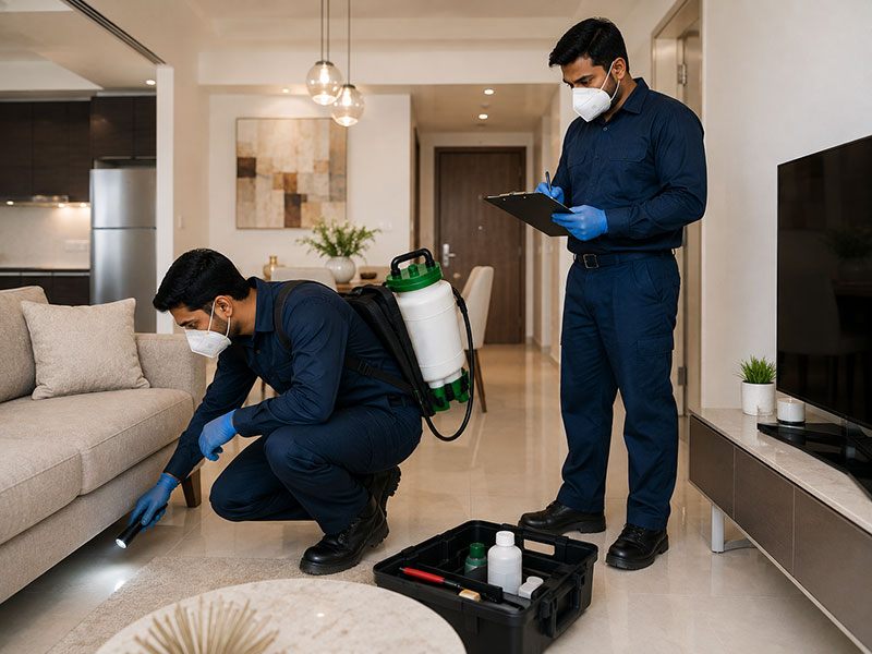 Pest control technician answering questions during an inspection in Dubai