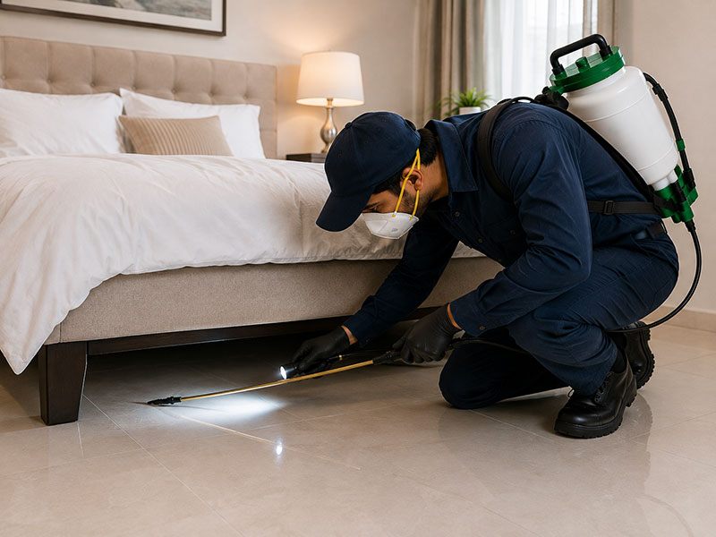 Certified pest control technician working at a commercial site in Dubai