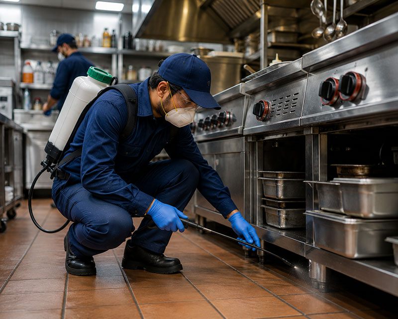 Local kitchen pest control technician at a Dubai restaurants