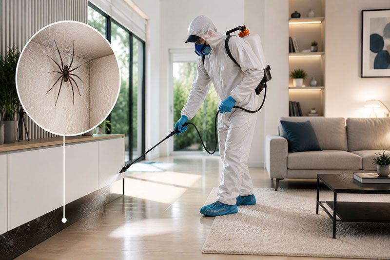 Removing spider webs and egg sacs from a ceiling corner in Dubai